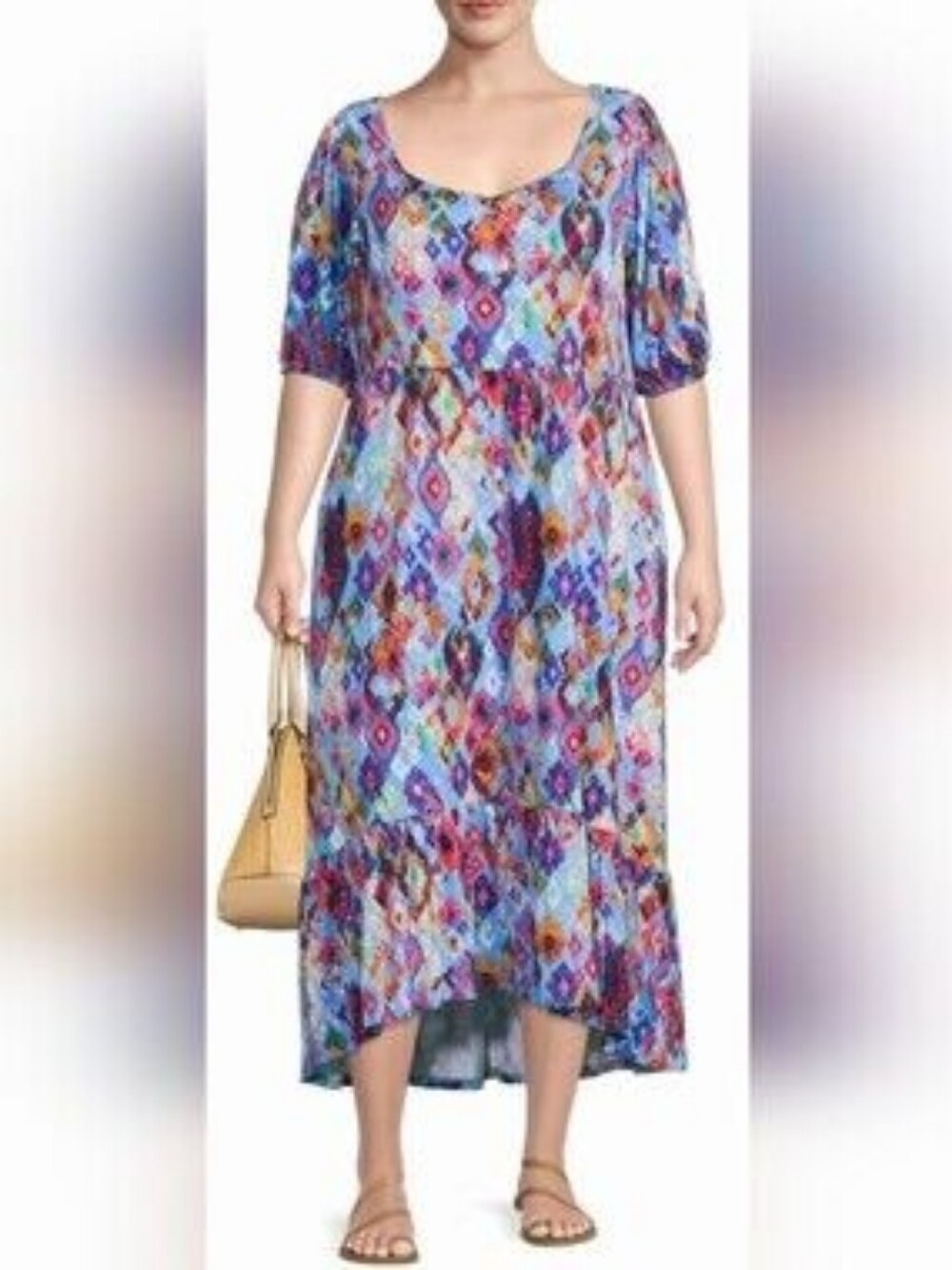 Terra & Sky Hi Low Blue Multi-Color Diamond Print Maxi Dress NWT